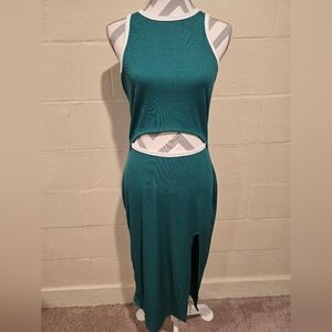 PrettyGarden Dress Womens Large Midi Green Bodycon Dress Sleeveless Knit Cutout.